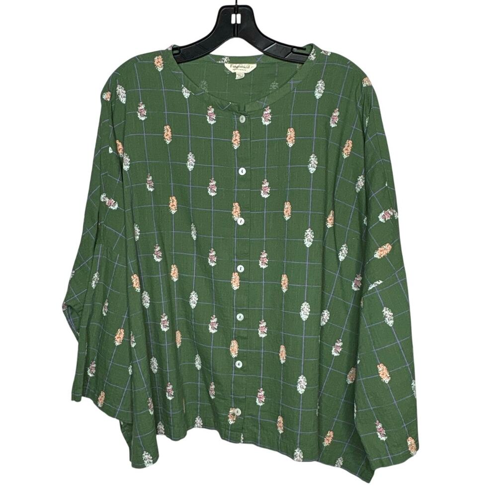 Fragonard Parfumeur Olive Green Floral Cotton Boxy Button Down Boho Blouse OS